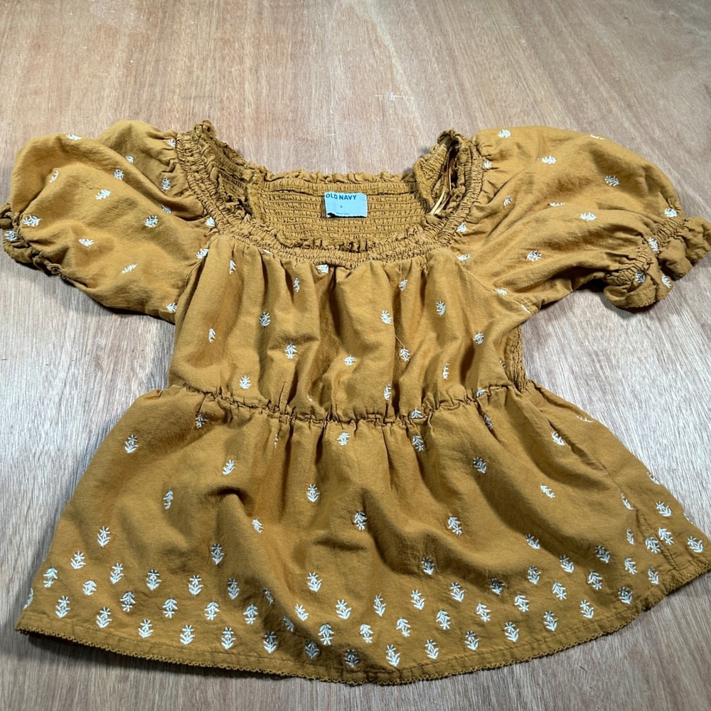 Old Navy Peplum Top Women Small Brown Floral Embroidered Smocked Puff Sleeve